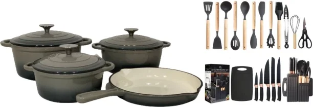 LA Signature Grey Non-Stick Coated Cast Iron Cookware Set
